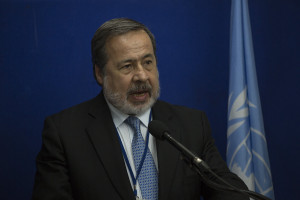 The Independent Expert on Human Rights Gustavo Gallón gives a press conference at The United Nations Mission in Haiti (MINUSTAH) base in Port au Prince, Haiti on Tuesday October 25, 2016 after a week visit to assess the current situation and give his assessments. Photo Logan Abassi UN/MINUSTAH